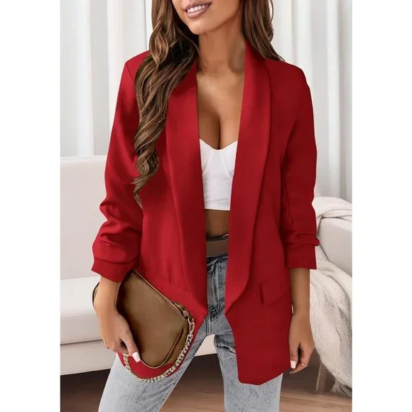 Women's Red Casual Blazer Spring Fall Fashion Long Sleeve Open Front Work